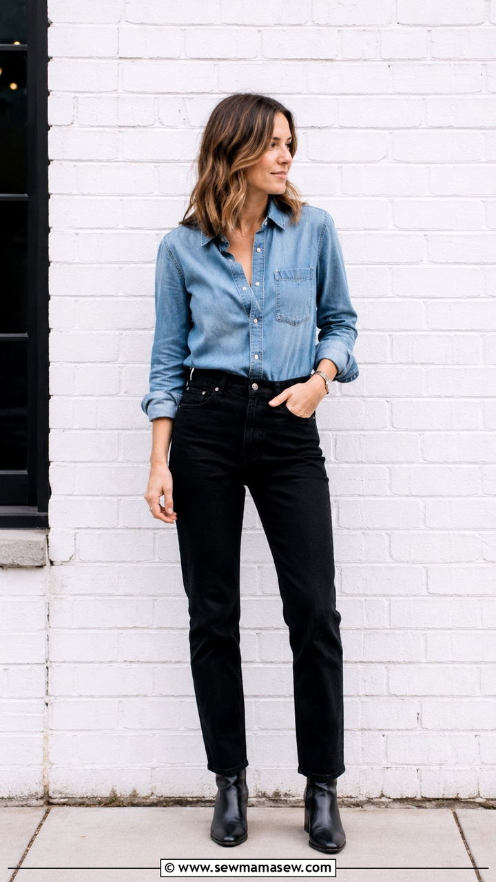 Black Straight Leg Jeans With Denim Button Down And Ankle Boots - 30 Straight leg jeans outfit ideas with a button down
