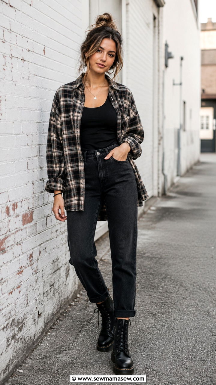 Black Straight Leg Jeans With Plaid Flannel Button Down And Combat Boots - 30 Straight leg jeans outfit ideas with a button down