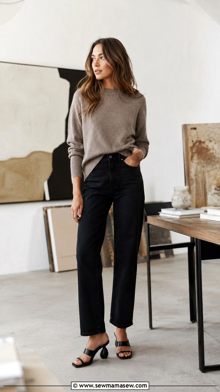Black Straight Leg Jeans With Two Part Heels and Cashmere Sweater - 25 Black jeans outfit ideas with heels