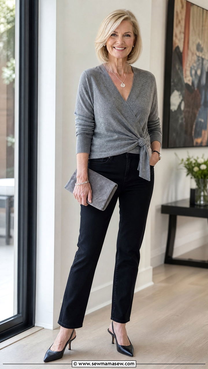 Black Straight Leg Jeans and Slingback Heels Outfit - 35 Jeans and heels outfit ideas over 50