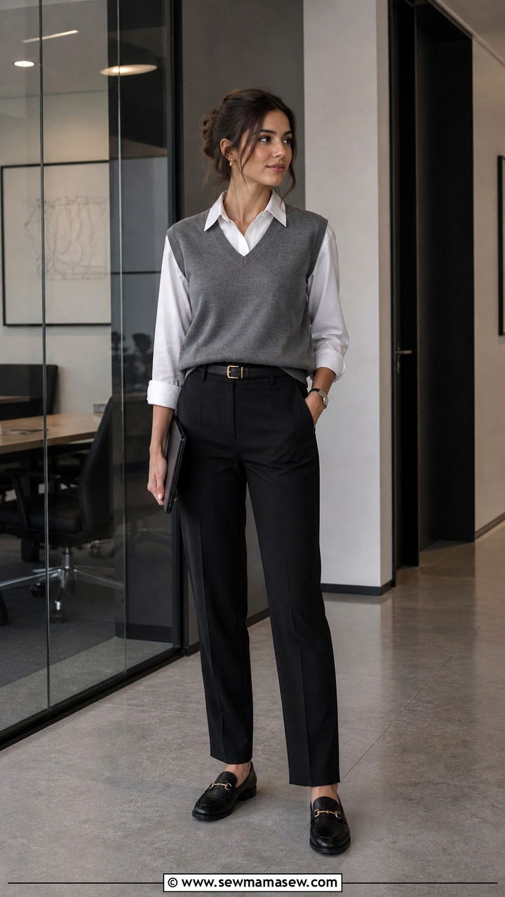 Black Straight Leg Pants with Grey Sweater Vest - 40 Corporate outfit ideas