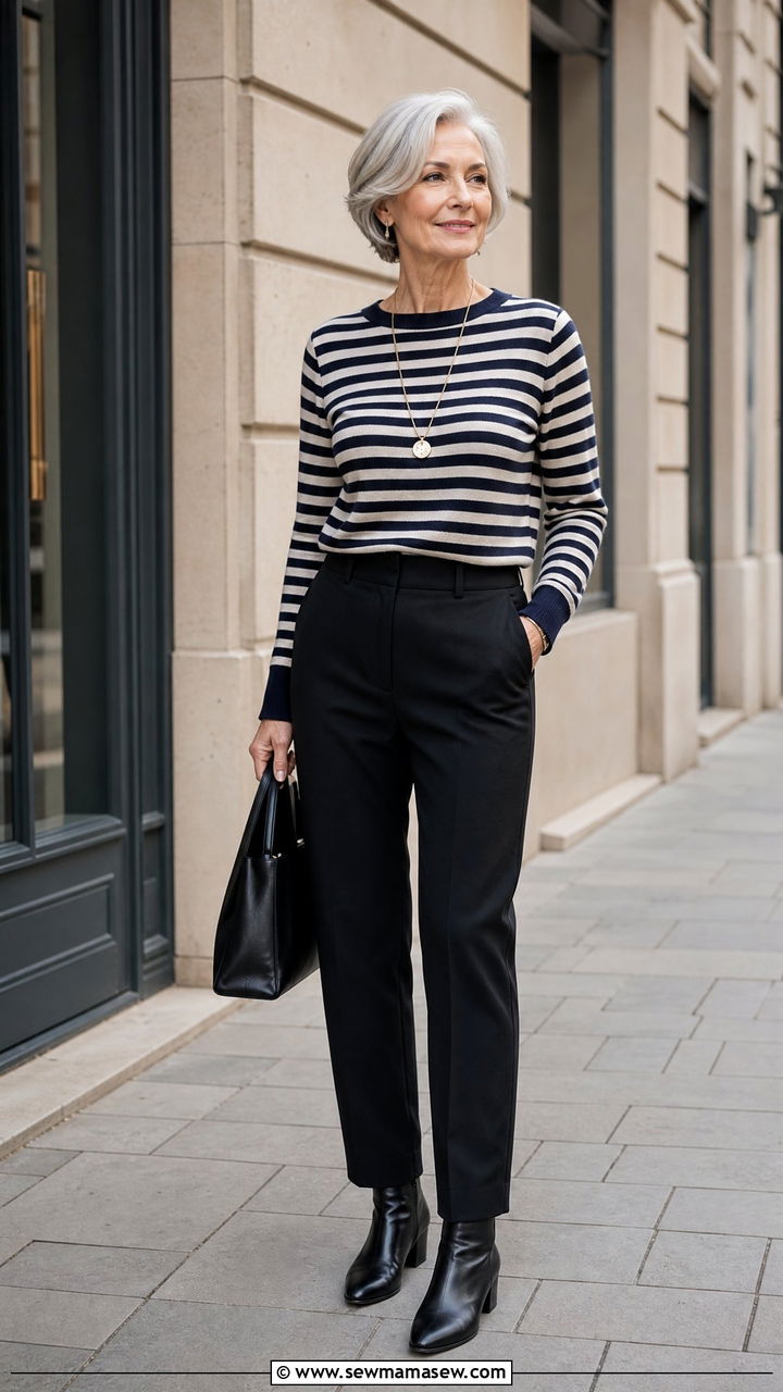 Black Straight Leg Trousers with Striped Long Sleeve Top - 30 Minimalist outfits for women over 60