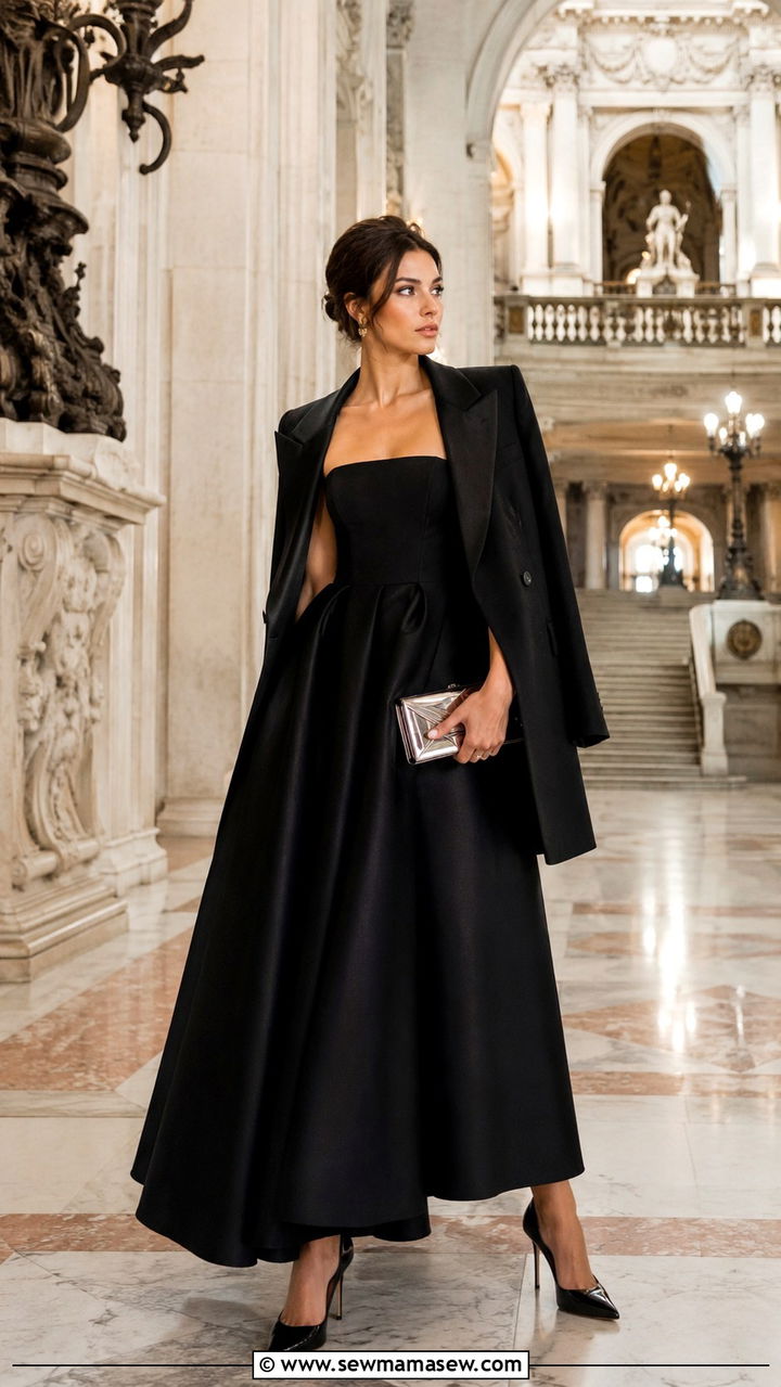 Black Strapless Ball Gown With Tuxedo Blazer - 30 Opera outfit ideas