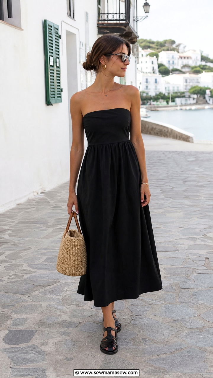 Black Strapless Cotton Dress With Fisherman Sandals - 30 Summer outfits in black