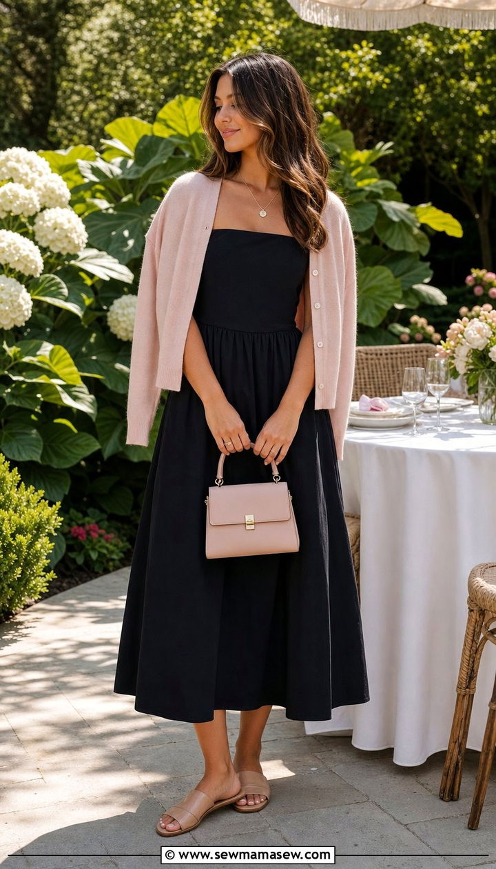 Black Strapless Dress With Light Cardigan - 25 summer black dress outfit ideas