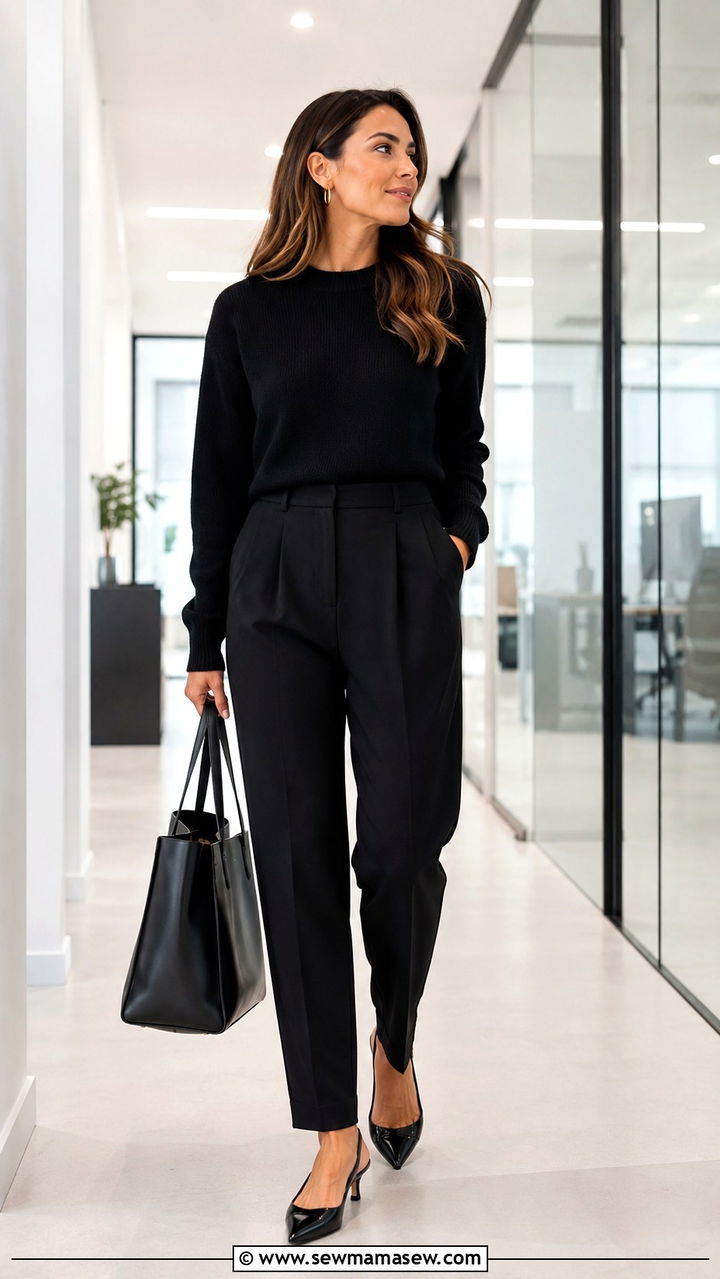 Black Suit Pants with Black Sweater - 30 office outfits aesthetic