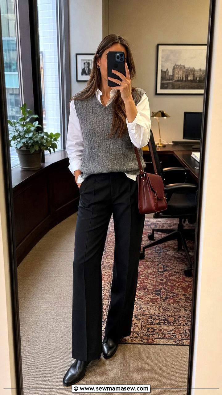 Black Suit Pants with Grey Knitted Sweater Vest - 30 Office outfits for millennials