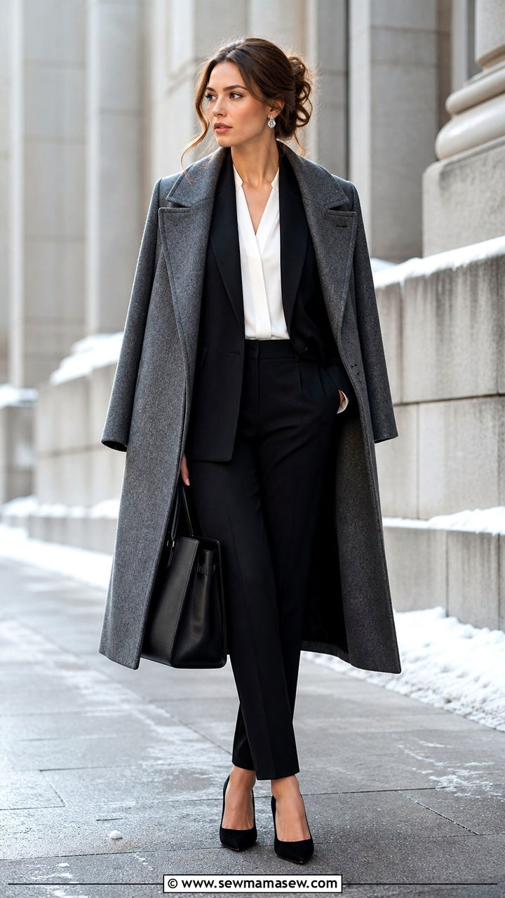 Black Suit With Gray Wool Coat Banker Look - 20 Banker outfit ideas