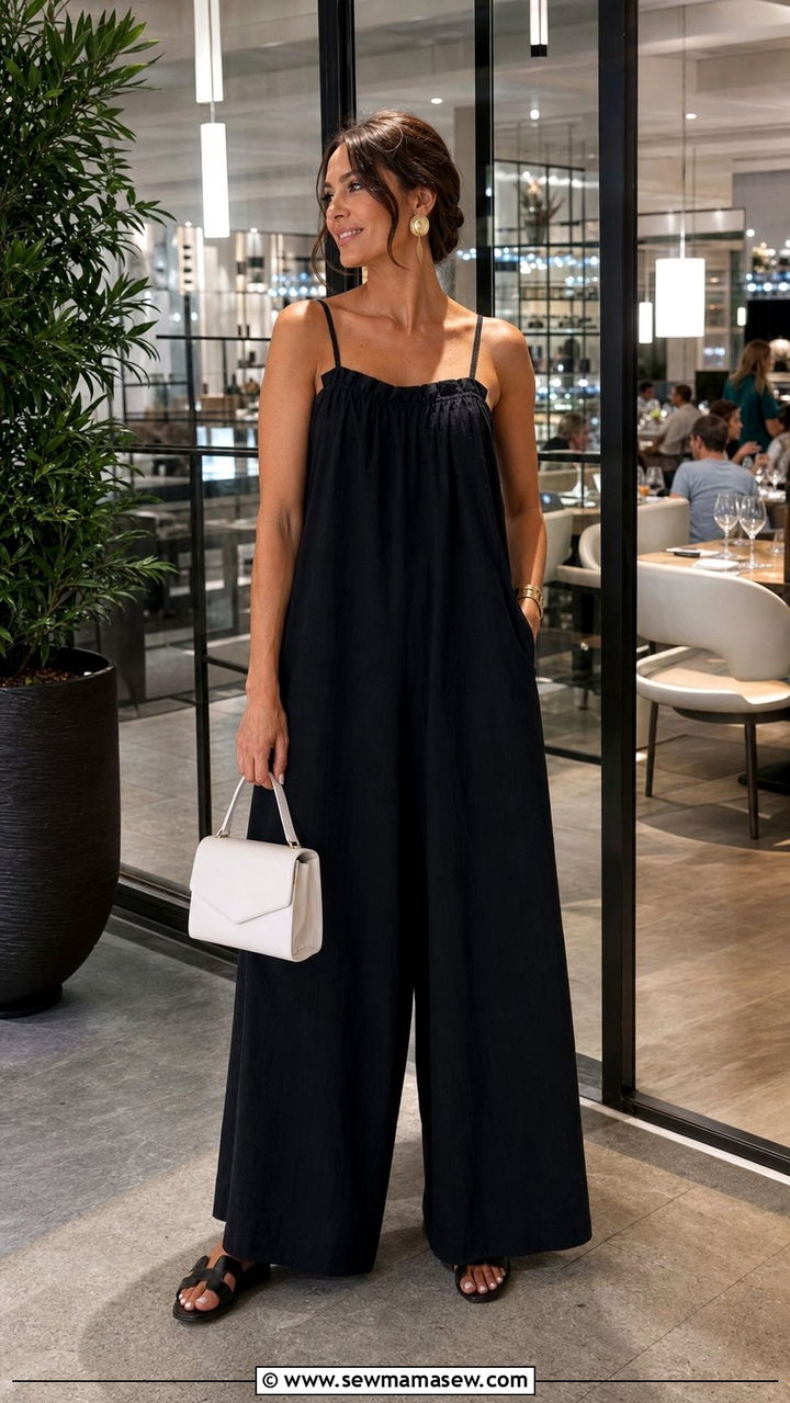 Black Summer Jumpsuit With Contrasting White Bag - 25 Summer outfits with bags