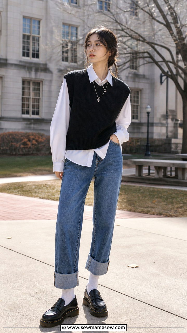 Black Sweater Vest Over Collared Shirt With Cuffed Jeans - 40 grunge outfits