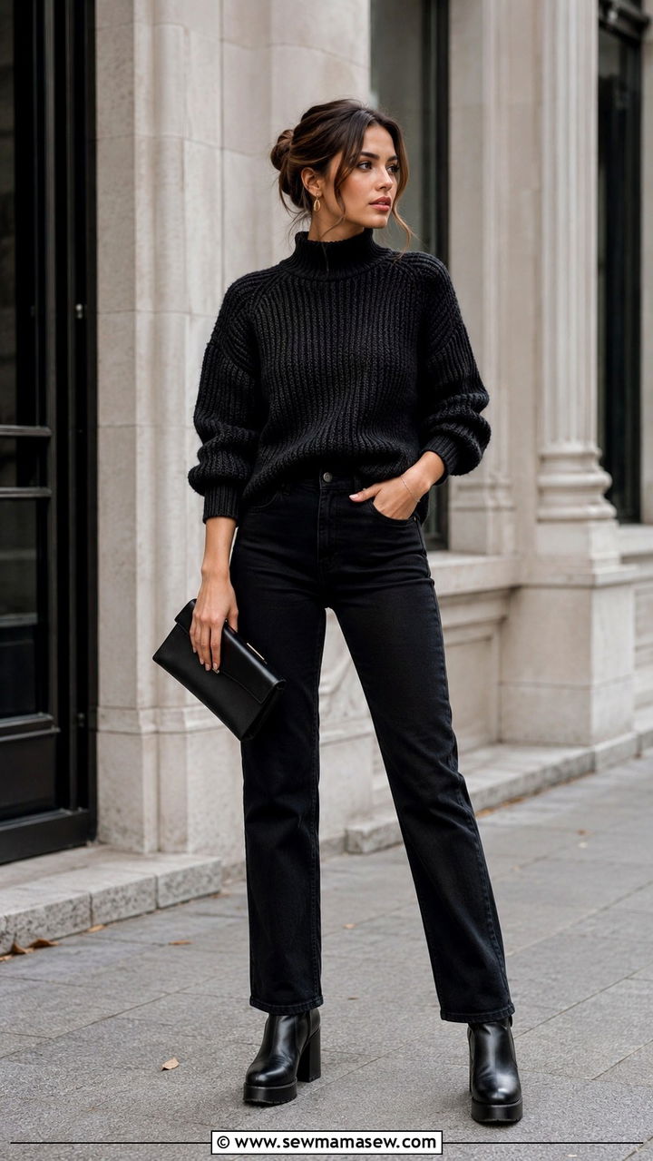 Black Sweater With High Waisted Black Jeans and Platform Boots - 30 High waisted jeans outfit ideas with a sweater