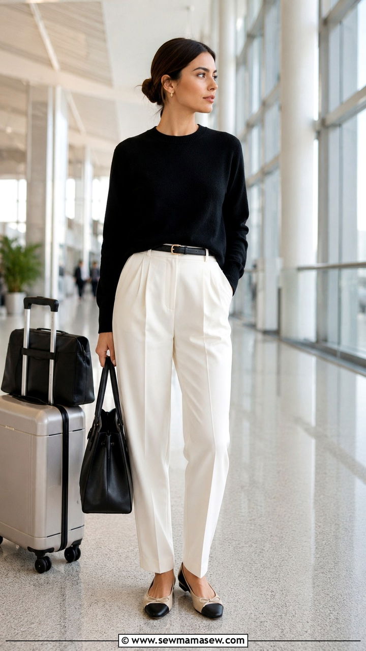 Black Sweater With Ivory Tailored Trousers and Cap Toe Ballet Flats - 30 Old money outfit ideas for airport