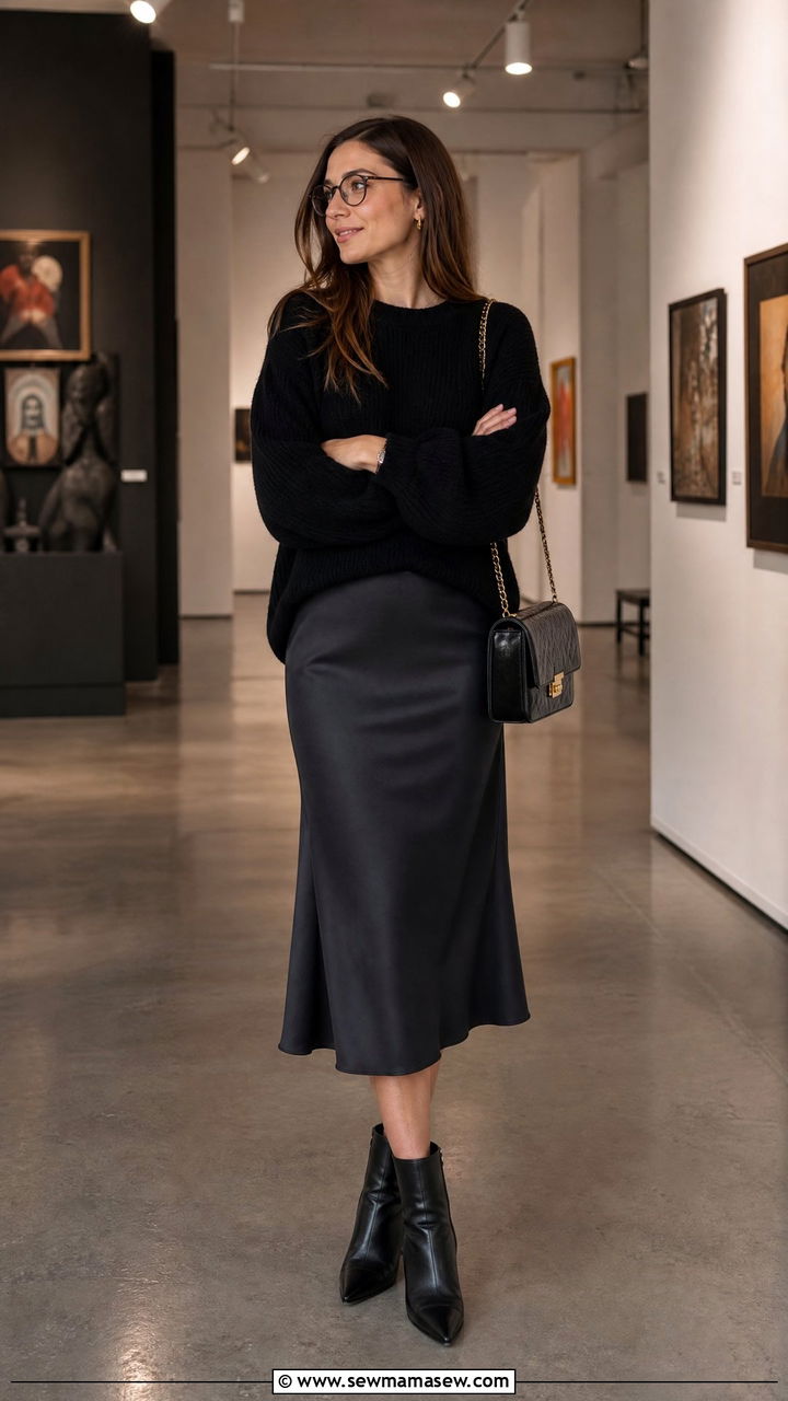 Black Sweater With Satin Skirt Outfit - 30 Dark academia spring outfits