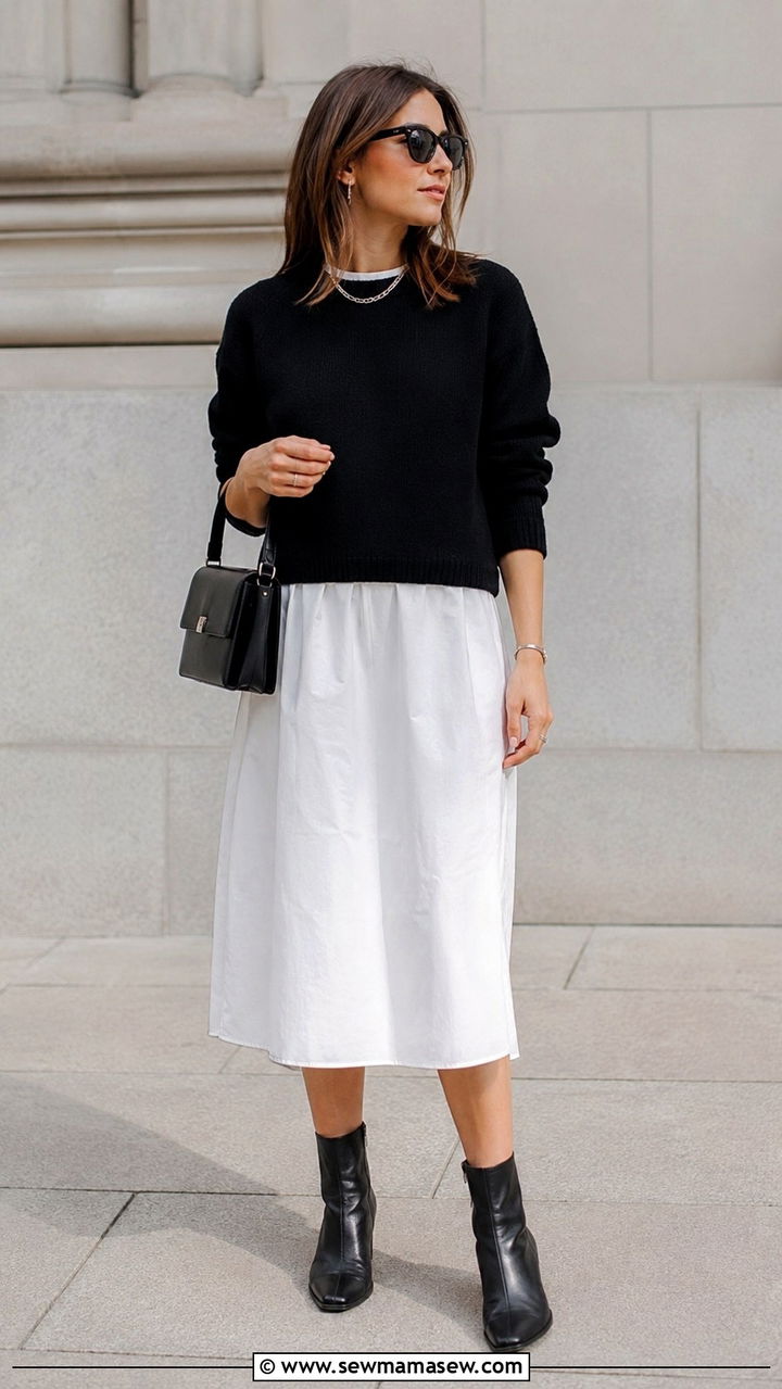 Black Sweater over White Midi Dress - 30 Late March outfit ideas