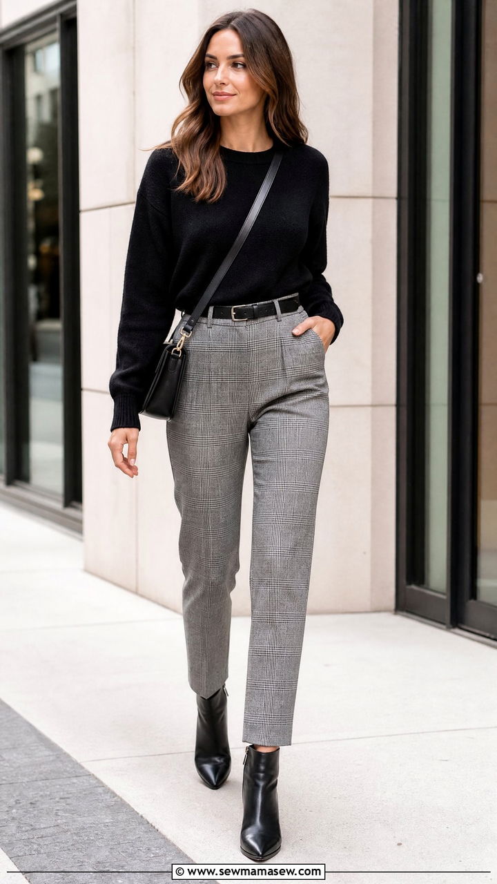Black Sweater with Grey Plaid Trousers Outfit - 30 Retail work outfit ideas