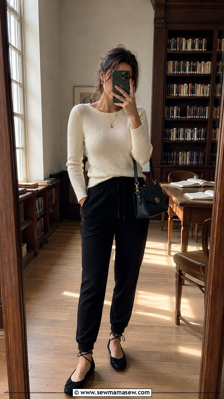 Black Sweatpants With Ballet Flats And Knit Sweater - 30 School outfit ideas with sweatpants