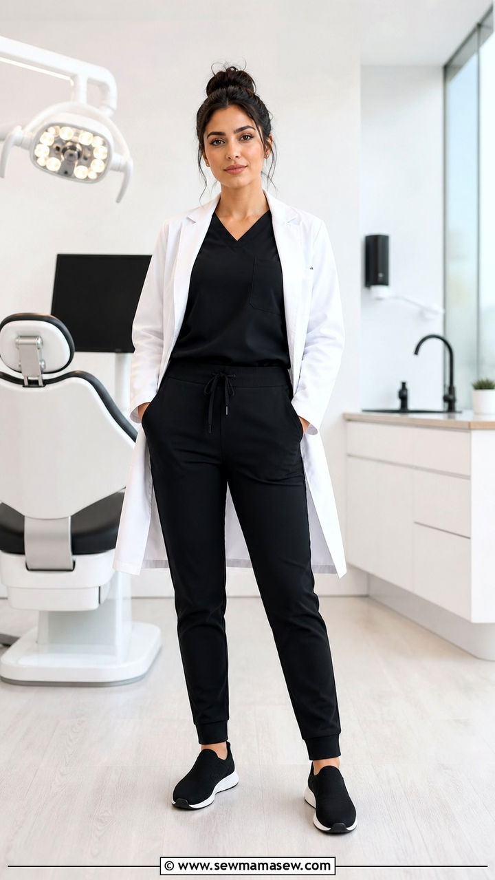 Black Sweatpants With Black Scrub Top And Sneakers - 40 Dentist outfit ideas