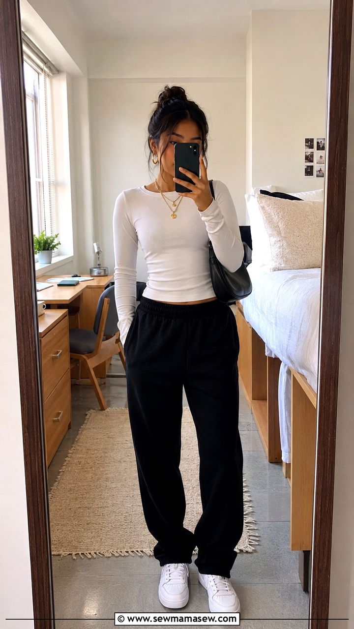 Black Sweatpants With White Long Sleeve Top And Jewelry - 30 School outfit ideas with sweatpants