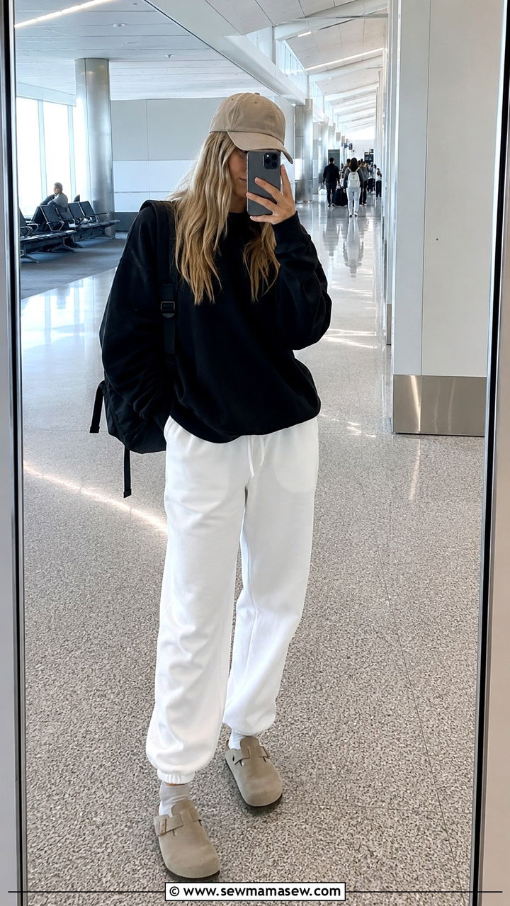 Black Sweatshirt and White Sweatpants Airport Outfit - 25 Airport outfit ideas for warm destination