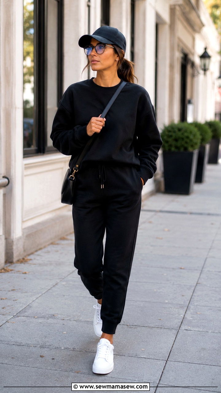 Black Sweatsuit With Baseball Cap Outfit - 25 Black loungewear set outfit ideas