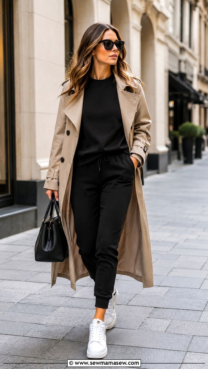 Black Sweatsuit With Trench Coat Outfit - 25 Black loungewear set outfit ideas