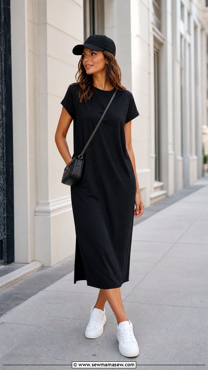 Black T Shirt Dress With Sneakers - 30 Summer outfits in black