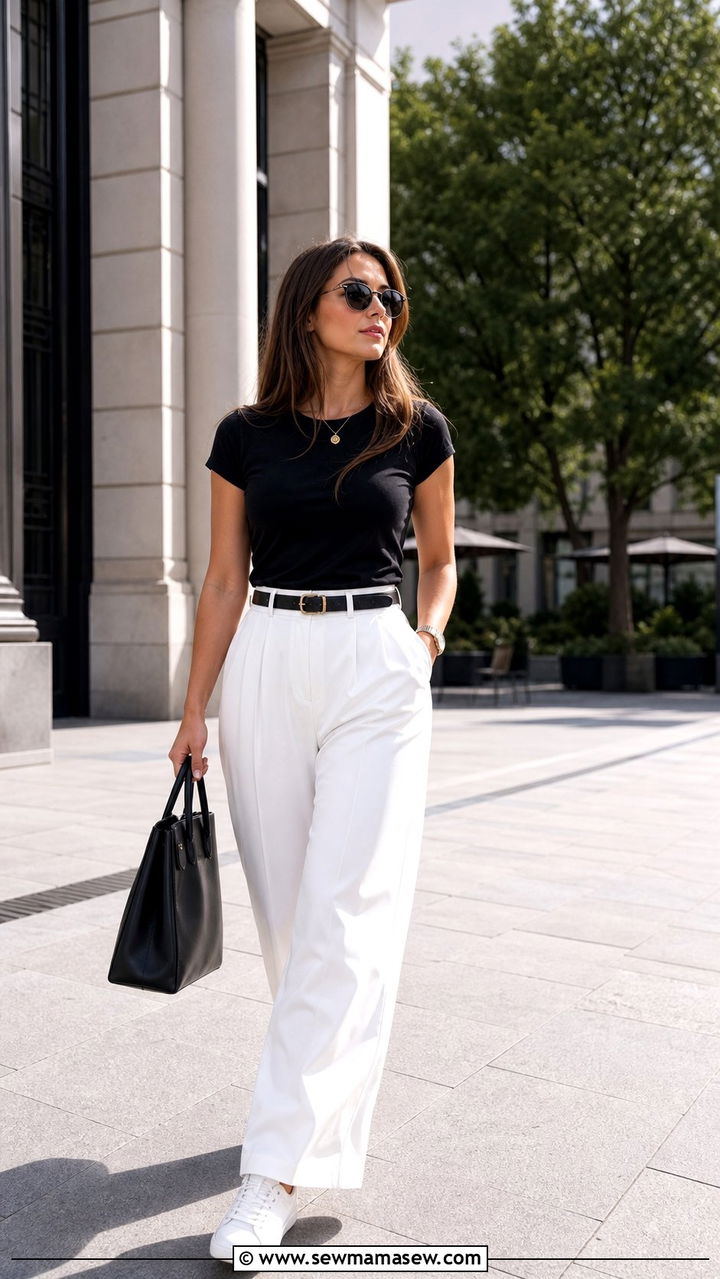 Black T Shirt Tucked Into White Wide Leg Palazzo Pants - 25 cute modest classy outfits