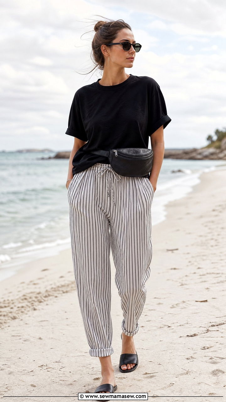 Black T Shirt With Striped Drawstring Pants - 25 Beach walk outfit ideas