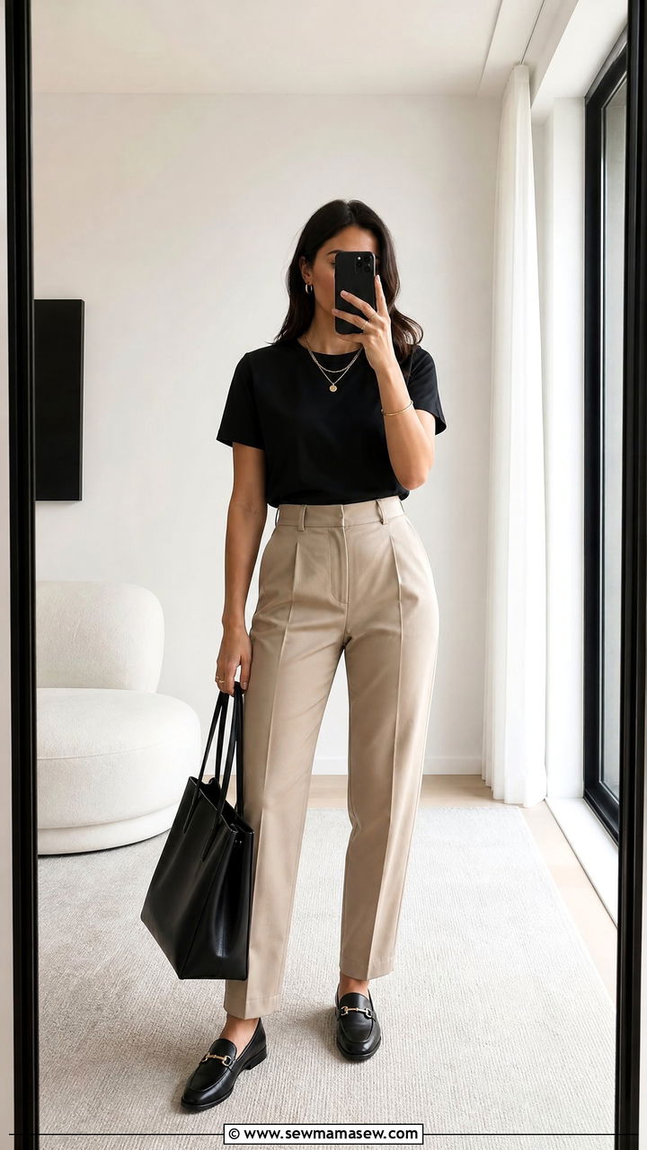 Black T Shirt With Tailored Trousers and Loafers - 35 how to style basic t-shirt