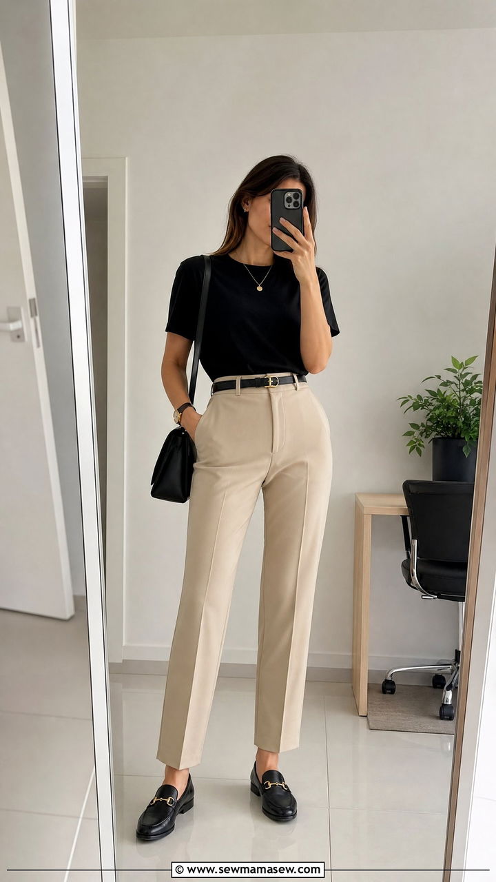 Black T Shirt with Tailored Trousers and Loafers - 25 chic basic t-shirt outfit ideas