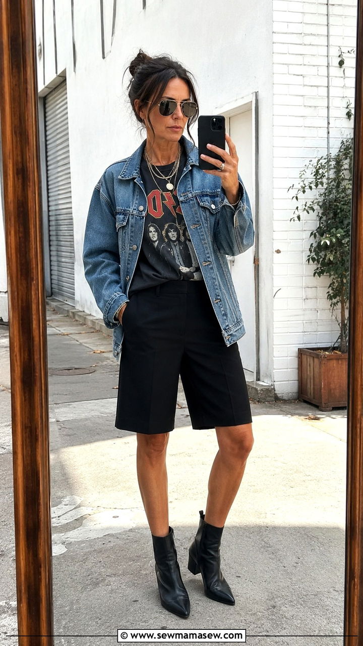 Black Tailored Bermuda Shorts With a Band Tee and Denim Jacket - 25 bermuda shorts outfits for women over 40