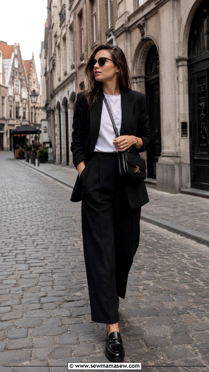 Black Tailored Blazer With White Tee And Wide Leg Trousers - 20 Antwerp outfit ideas