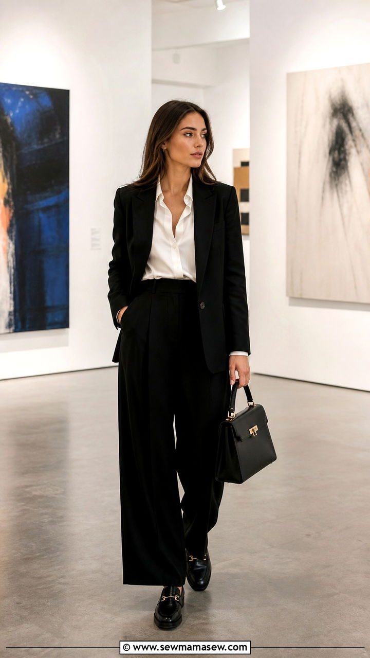 Black Tailored Blazer With a White Silk Blouse and Wide Leg Trousers - 20 Art gallery opening outfit ideas