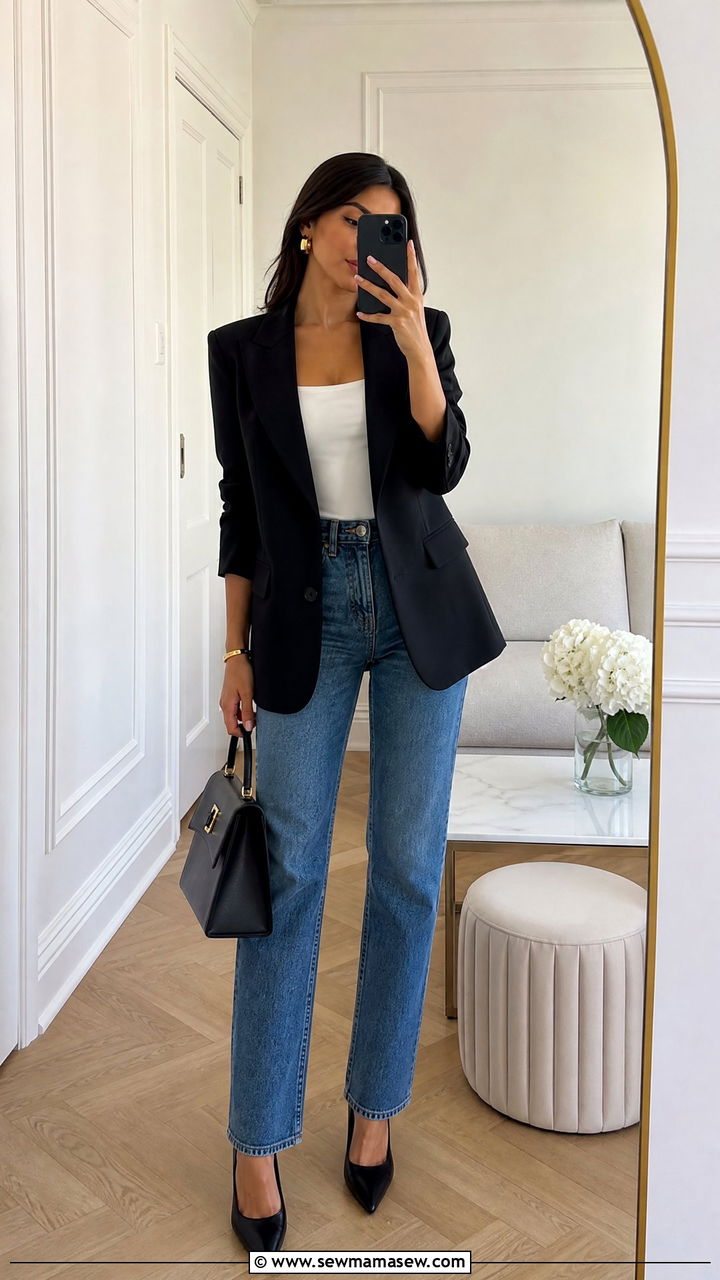 Black Tailored Blazer with Blue Straight Leg Jeans and Heels - 30 classy aesthetic outfits