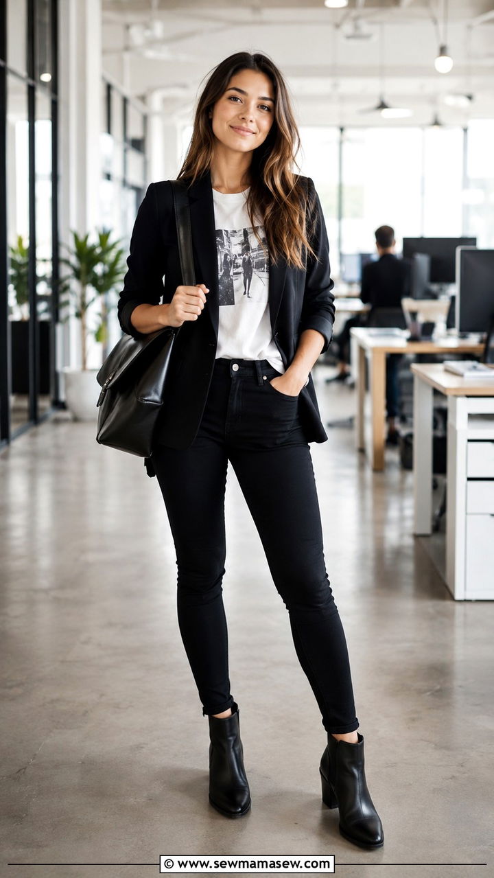 Black Tailored Blazer with White Graphic Tee and Black Skinny Pants - 30 job interview outfits for women over 40