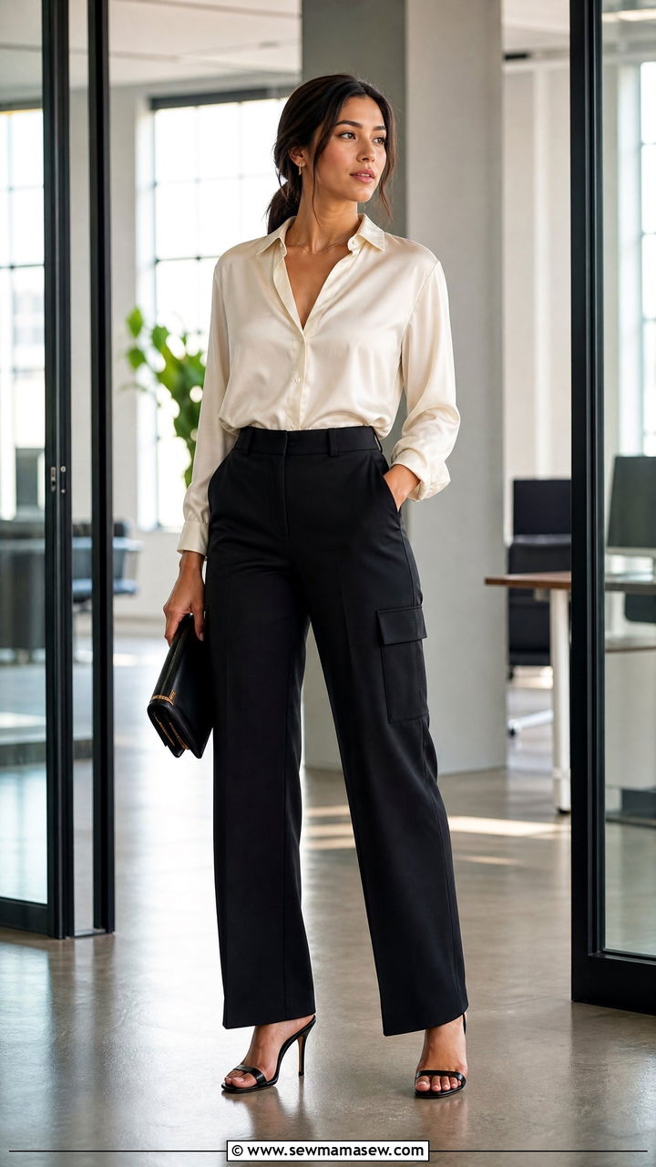 Black Tailored Cargo Pants With A Silk Blouse And Heeled Sandals - 25 Cargo pants outfit ideas for work