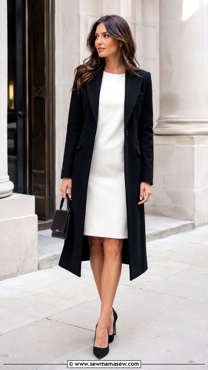 Black Tailored Coat And Ivory Dress Outfit - 30 Stealth wealth outfit ideas 2026