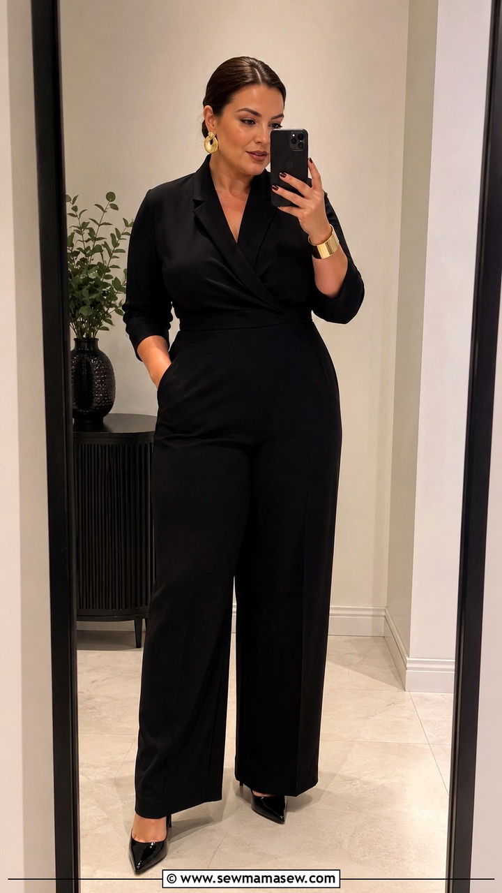 Black Tailored Jumpsuit with Gold Accessories - 30 Old money outfits plus size