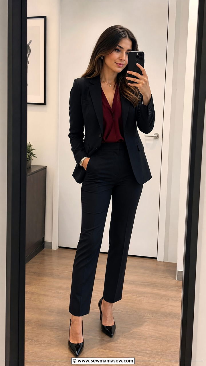 Black Tailored Suit With Burgundy Top - 25 Investment banker outfit ideas