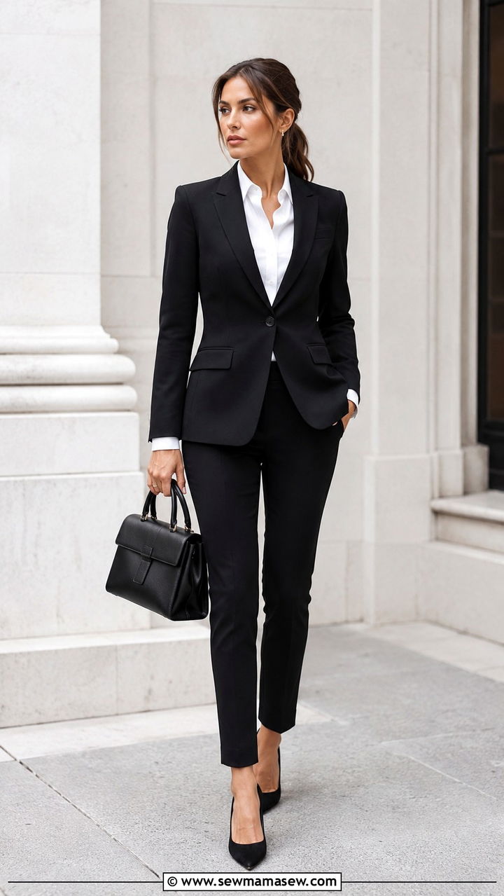 Black Tailored Suit With Crisp White Shirt - 20 Quiet luxury outfit ideas Max Mara style