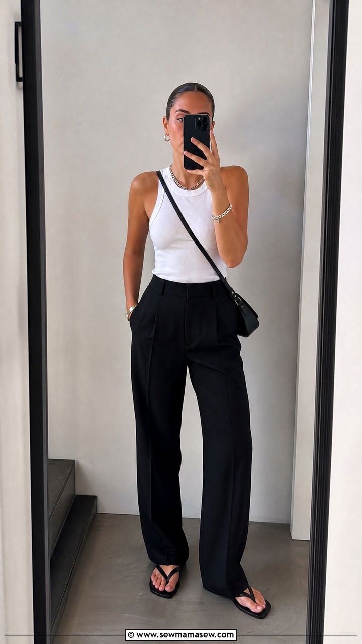 Black Tailored Trousers With A White Tank Top - 30 summer trousers outfit ideas