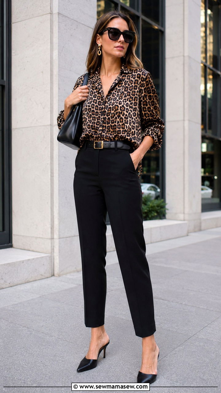 Black Tailored Trousers With Animal Print Blouse - 30 Mob wife summer outfits