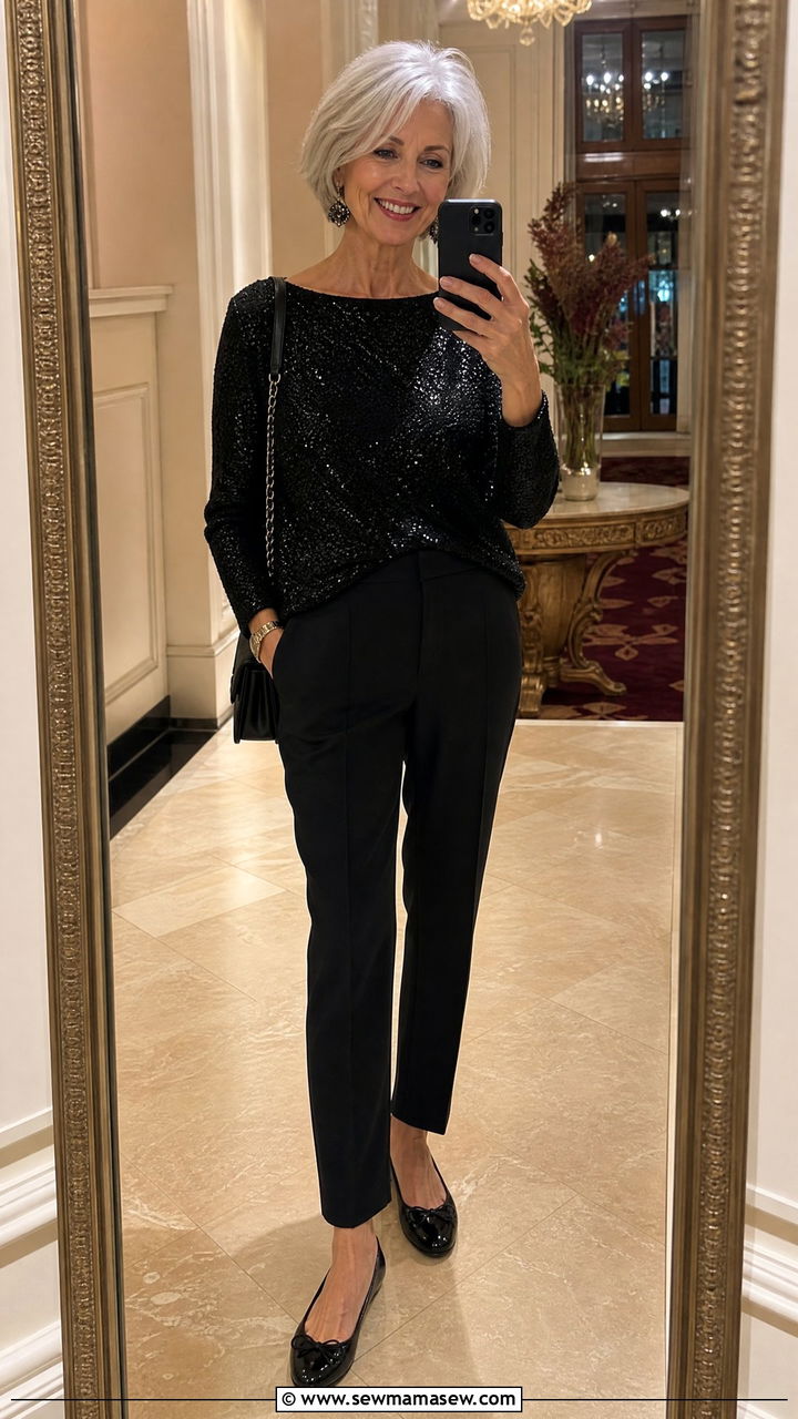 Black Tailored Trousers and Sequin Knit Top with Ballet Flats - 30 Concert outfits for women over 60