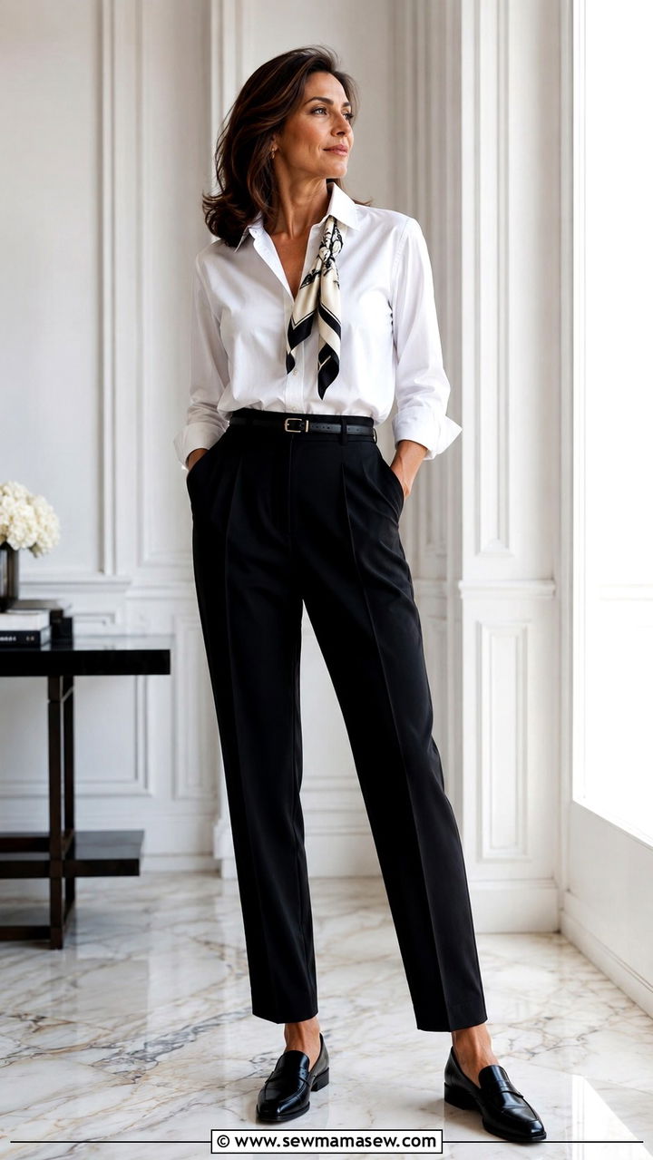 Black Tailored Trousers and White Button Down Tall Women Over 40 - 30 Tall outfits for women over 40