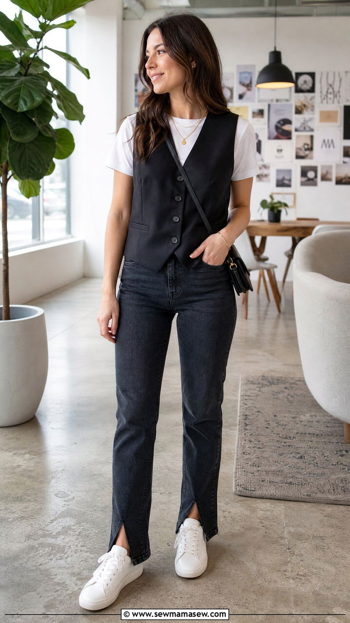 Black Tailored Vest Over White Tee And Split Hem Jeans - 30 Marketer outfit ideas