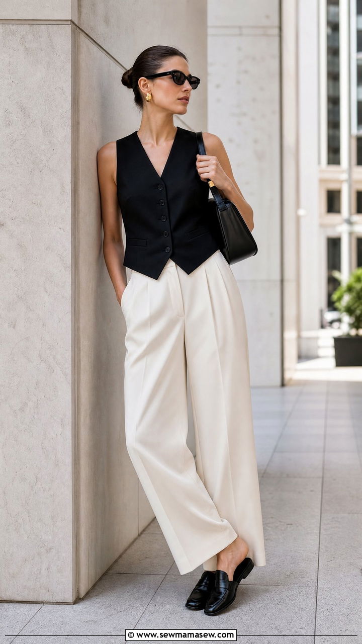 Black Tailored Waistcoat and Ivory Wide Leg Trousers - 30 model off duty outfits for women