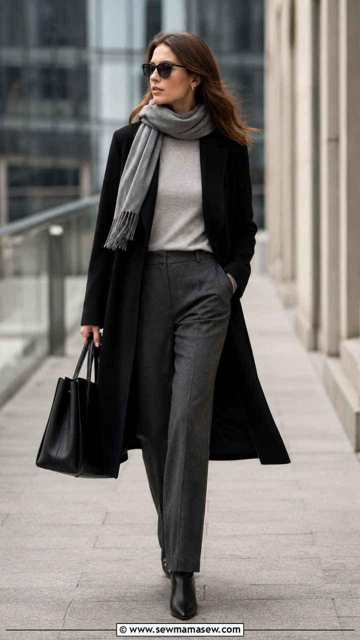 Black Tailored Wool Coat with Grey Monochrome Base - 30 quiet luxury outfits aesthetic