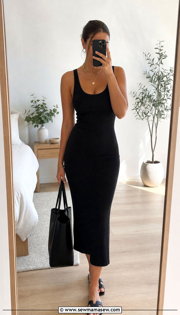 Black Tank Dress With Layered Necklaces - 25 summer black dress outfit ideas