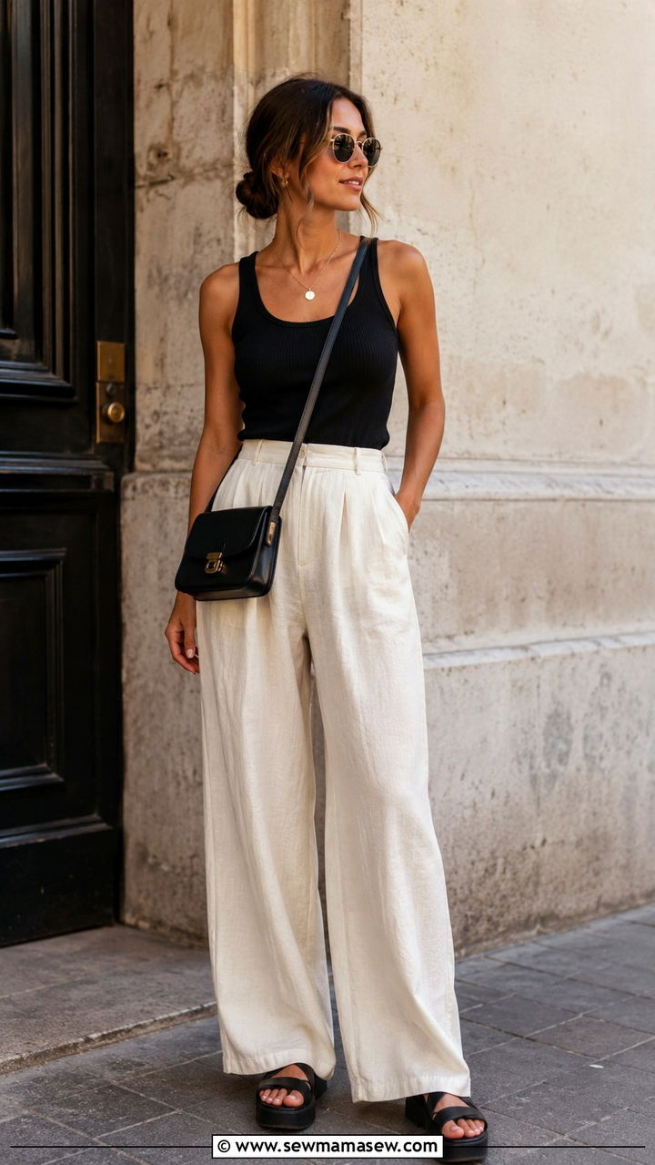 Black Tank Top And Wide Leg Linen Trousers - 25 7 day travel capsule outfits