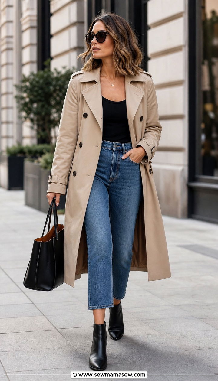 Black Tank Top With A Classic Trench Coat And Ankle Boots - 25 spring black tank top outfit ideas